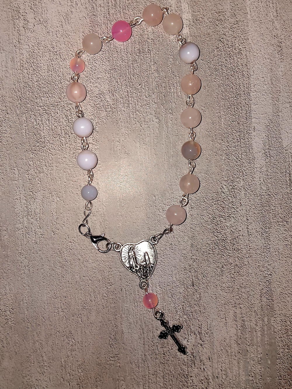 Rosary Bracelet with Pink and Cream Beads - Handmade